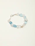 Aquamarine Crystal Bracelet — flat bead, crushed-ice clear quartz, white rice pearls | SENLORE