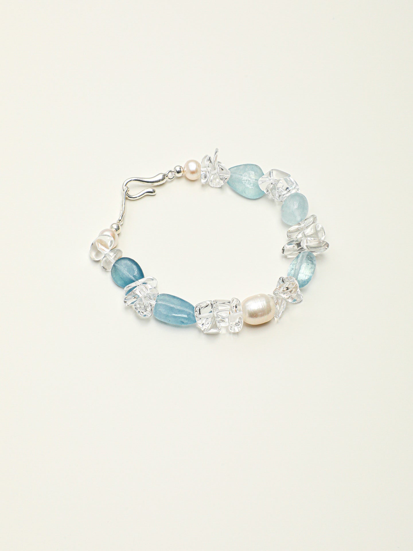 Aquamarine Crystal Bracelet — flat bead, crushed-ice clear quartz, white rice pearls | SENLORE