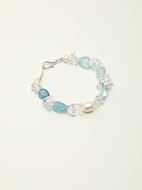 Aquamarine Crystal Bracelet — flat bead, crushed-ice clear quartz, white rice pearls | SENLORE