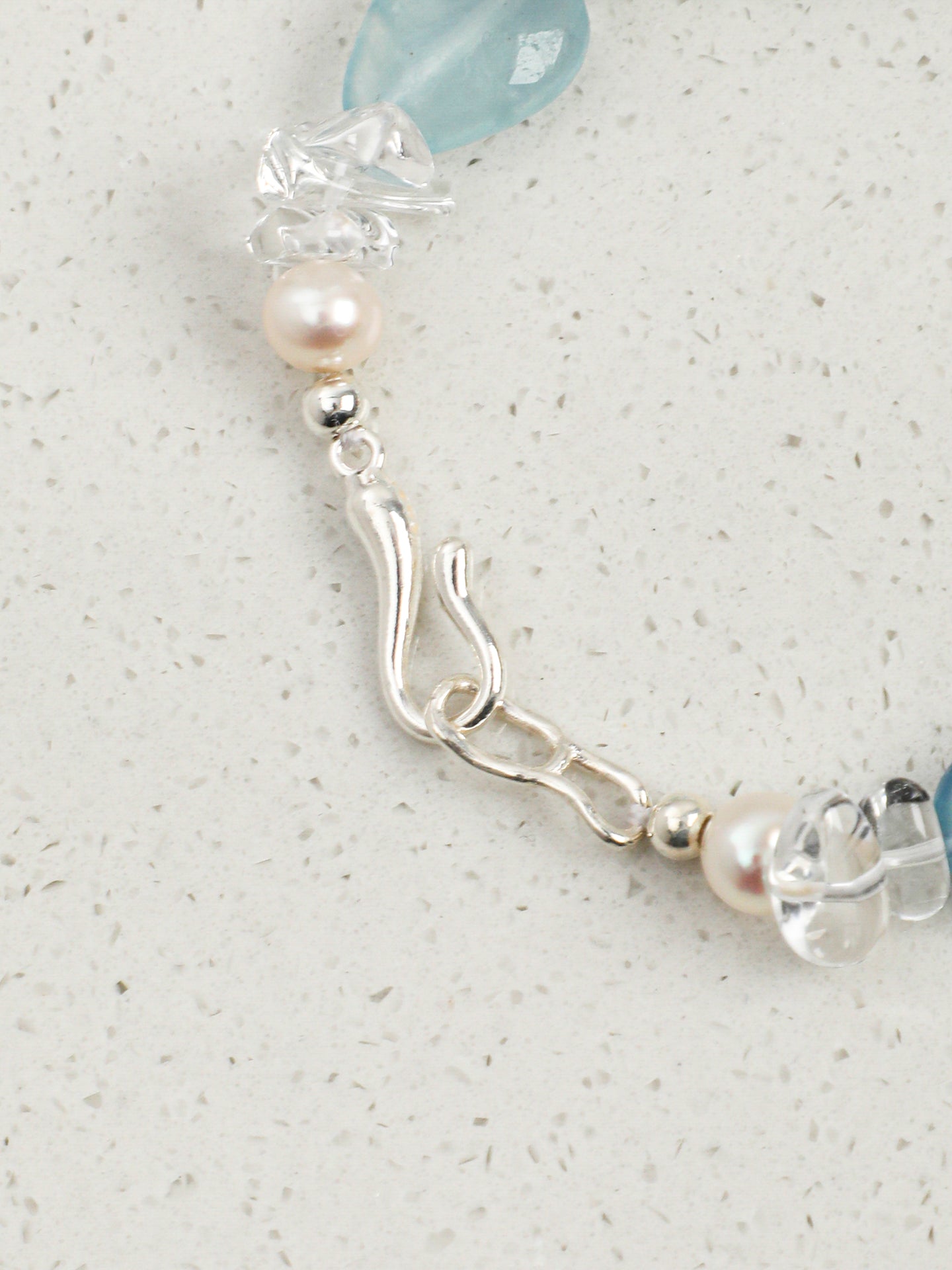 Aquamarine Crystal Bracelet — flat bead, crushed-ice clear quartz, white rice pearls | SENLORE