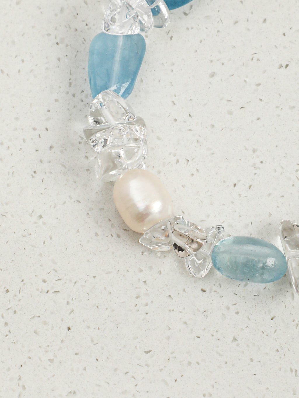 Aquamarine Crystal Bracelet — flat bead, crushed-ice clear quartz, white rice pearls | SENLORE