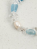 Aquamarine Crystal Bracelet — flat bead, crushed-ice clear quartz, white rice pearls | SENLORE