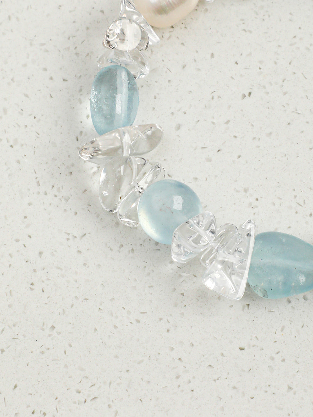 Aquamarine Crystal Bracelet — flat bead, crushed-ice clear quartz, white rice pearls | SENLORE