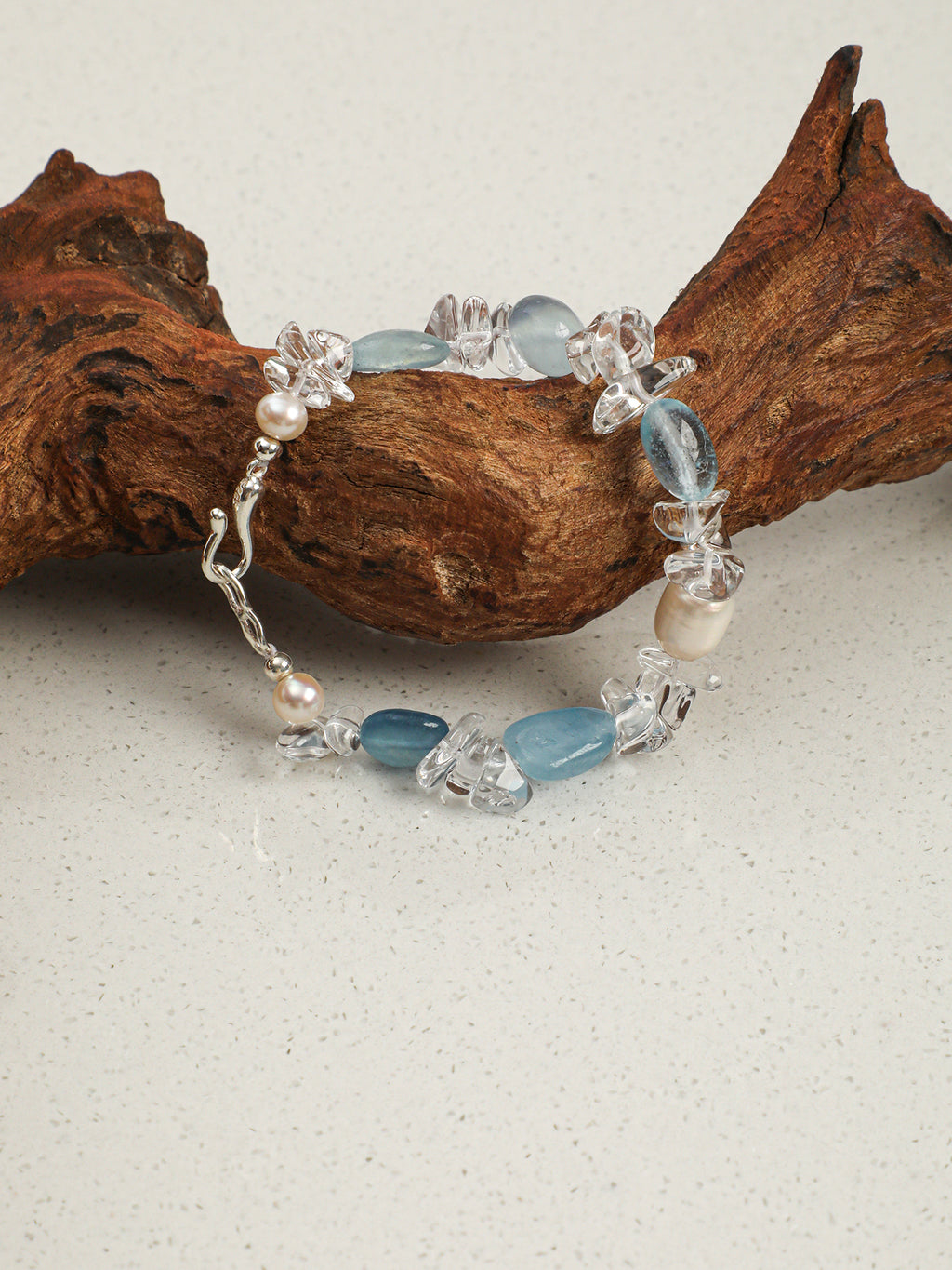 Aquamarine Crystal Bracelet — flat bead, crushed-ice clear quartz, white rice pearls | SENLORE