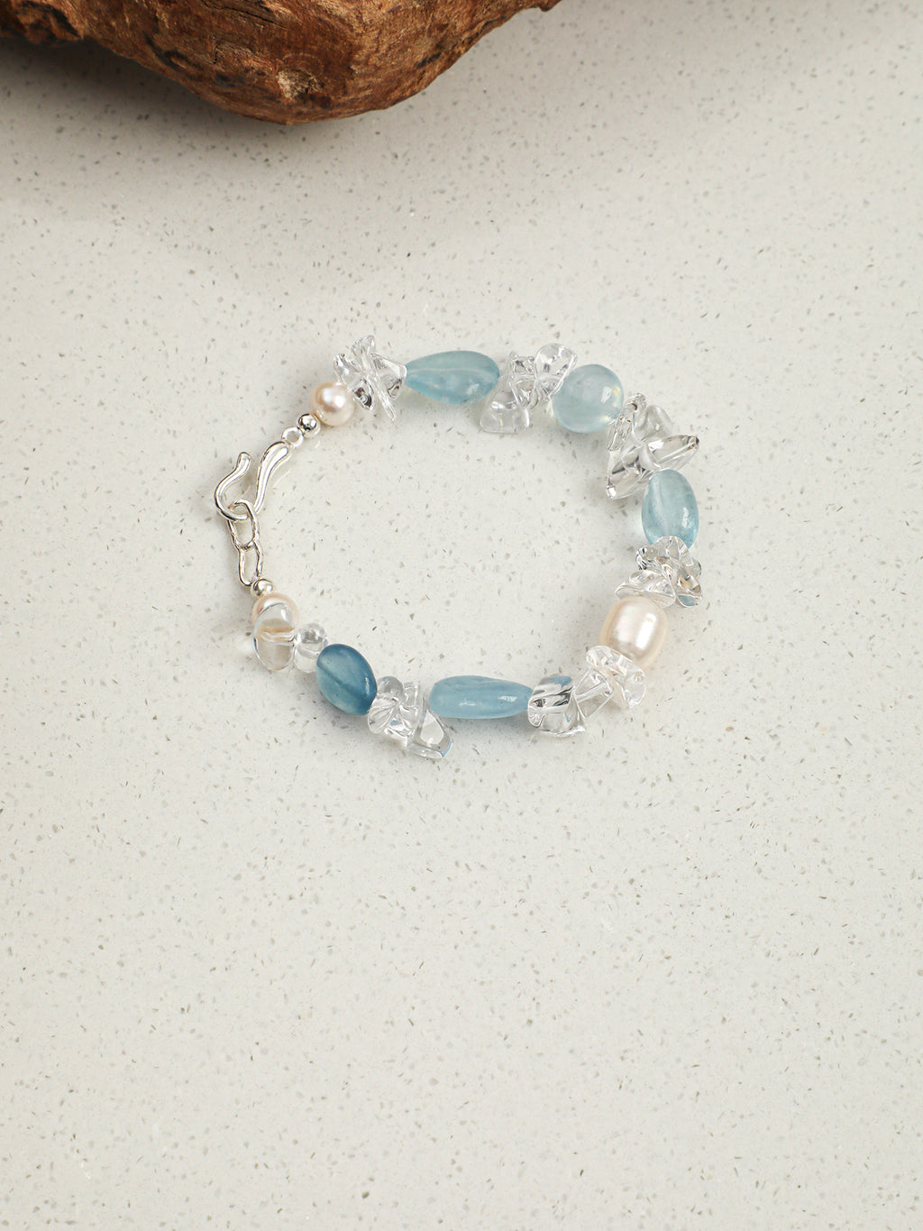 Aquamarine Crystal Bracelet — flat bead, crushed-ice clear quartz, white rice pearls | SENLORE