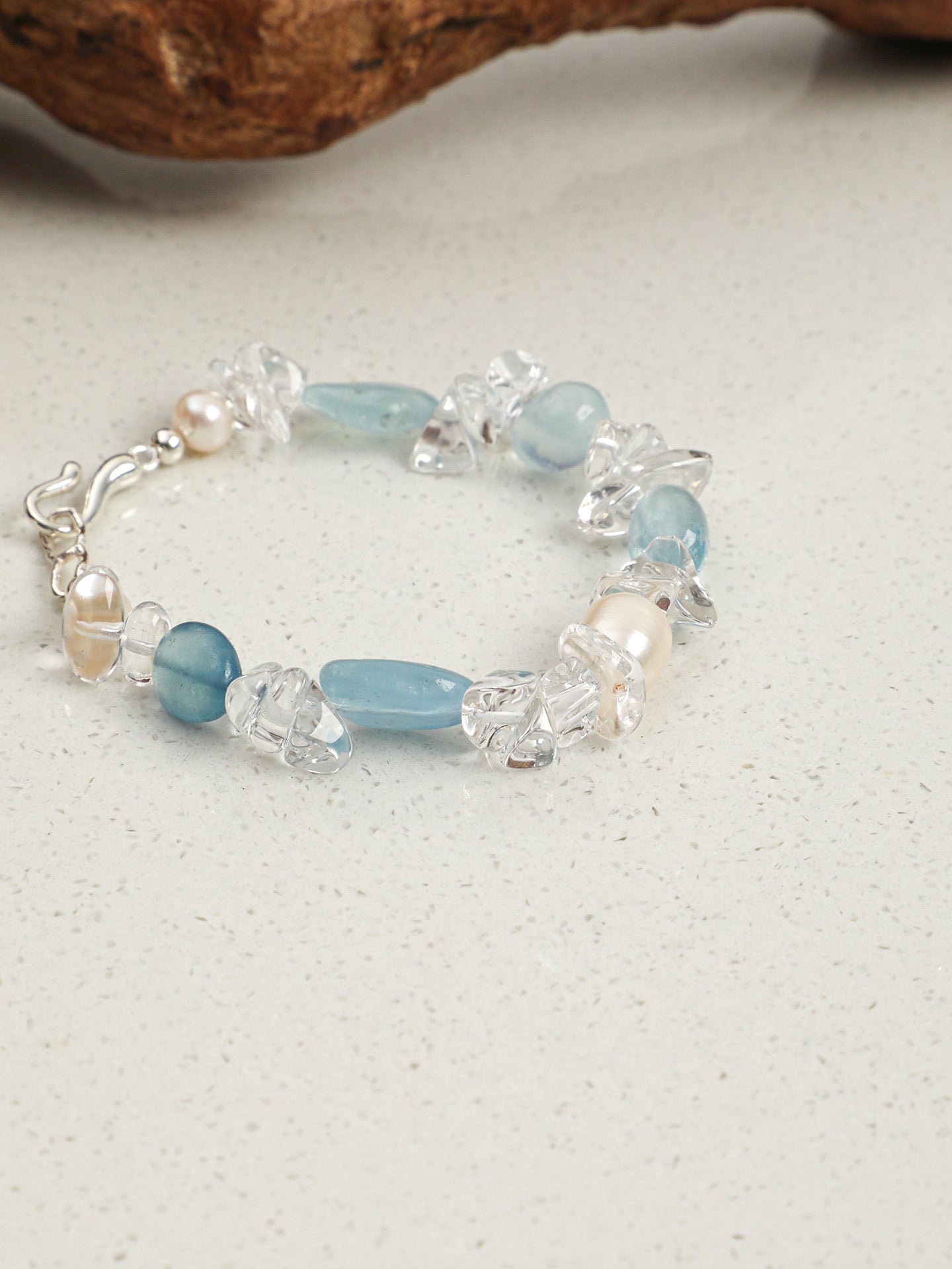 Aquamarine Crystal Bracelet — flat bead, crushed-ice clear quartz, white rice pearls | SENLORE