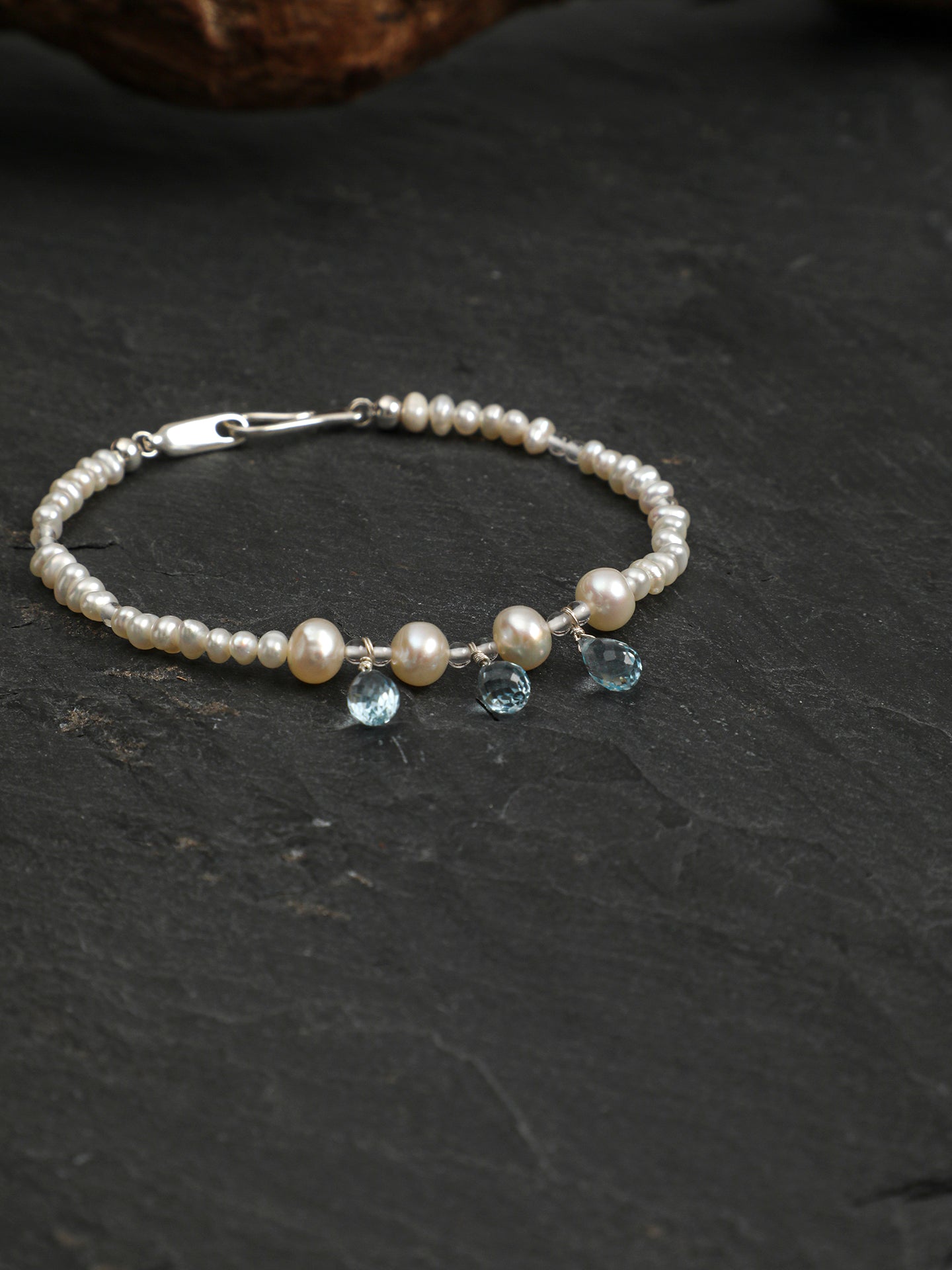 Aquamarine Pearl Necklace — flat pearl, small egg pearl, clear quartz round bead | SENLORE