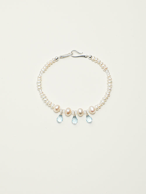 Aquamarine Pearl Necklace — flat pearl, small egg pearl, clear quartz round bead | SENLORE