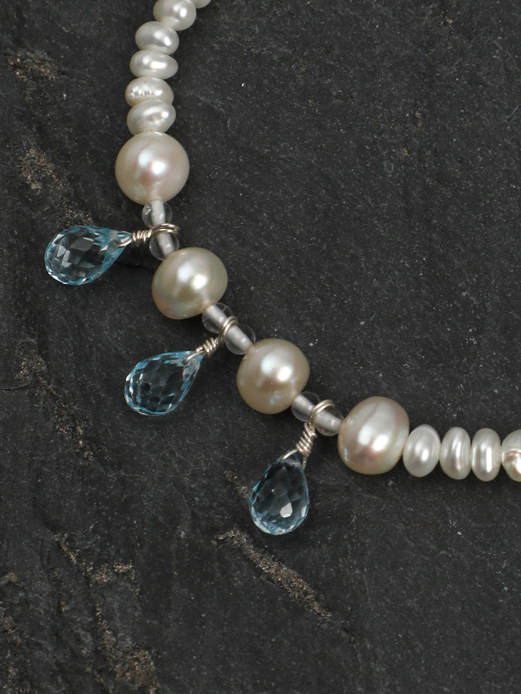 Aquamarine Pearl Necklace — flat pearl, small egg pearl, clear quartz round bead | SENLORE