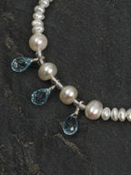 Aquamarine Pearl Necklace — flat pearl, small egg pearl, clear quartz round bead | SENLORE
