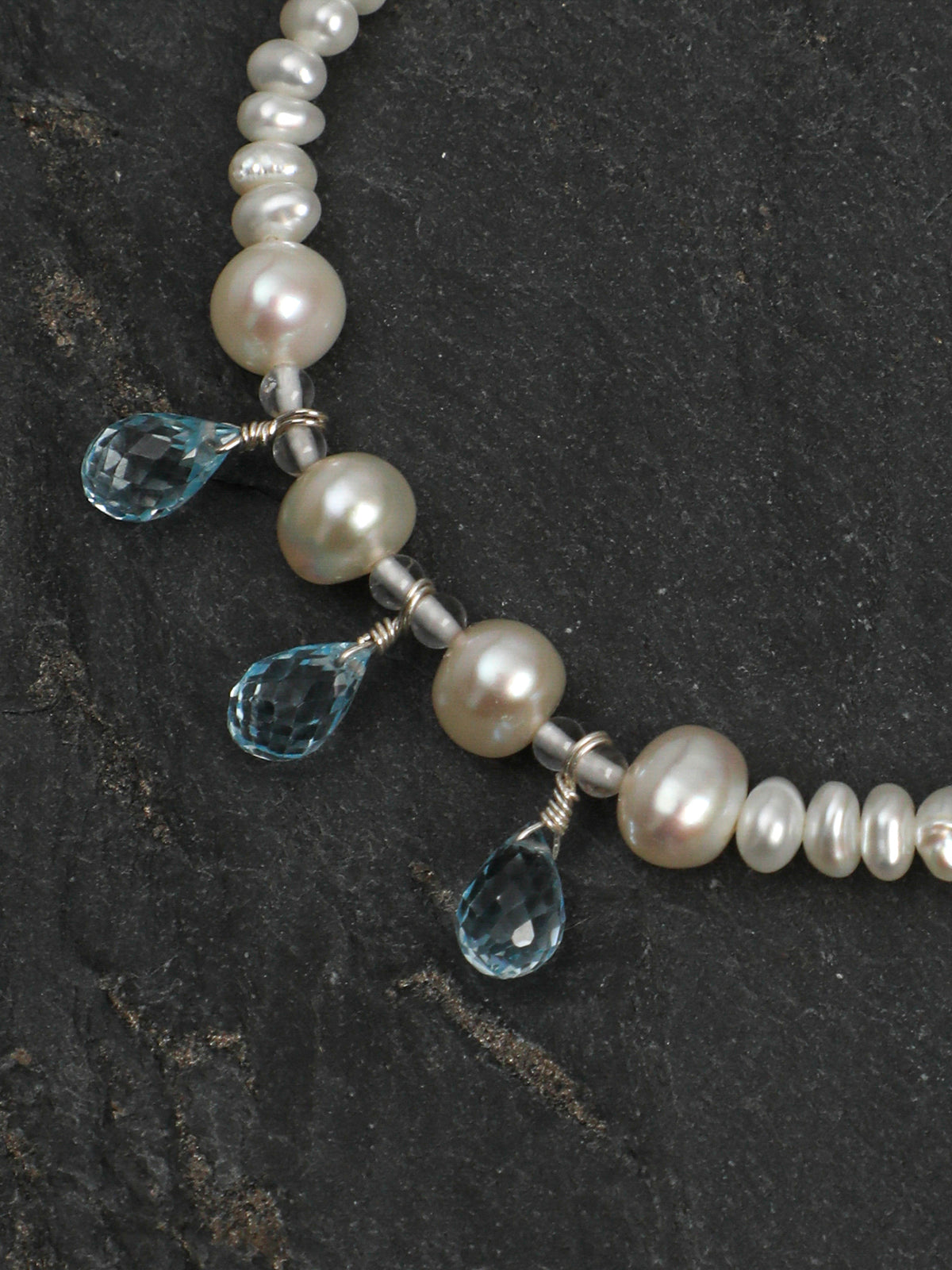 Aquamarine Pearl Necklace — flat pearl, small egg pearl, clear quartz round bead | SENLORE