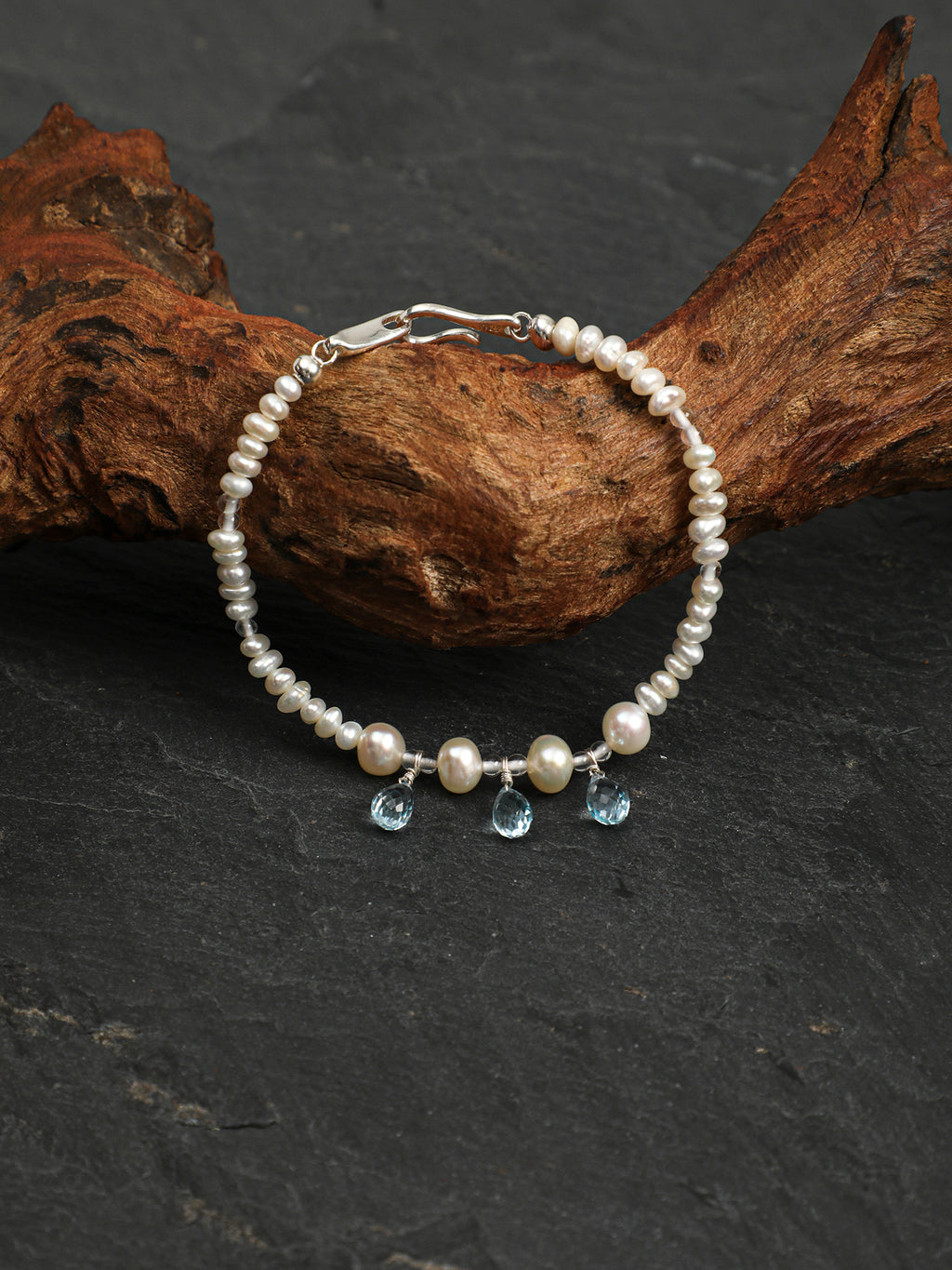 Aquamarine Pearl Necklace — flat pearl, small egg pearl, clear quartz round bead | SENLORE