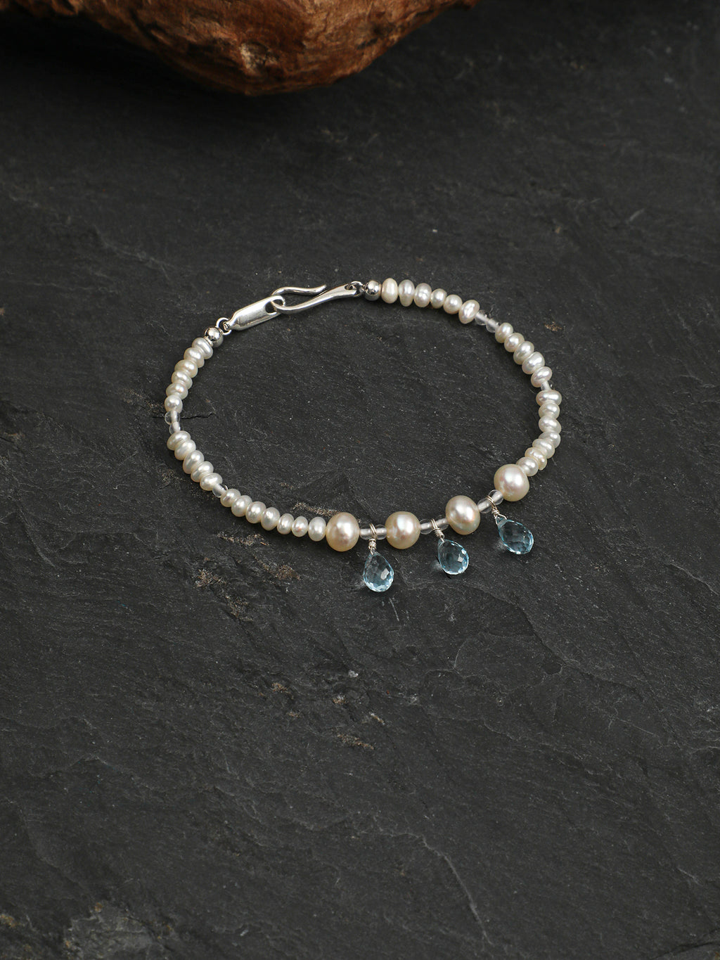 Aquamarine Pearl Necklace — flat pearl, small egg pearl, clear quartz round bead | SENLORE