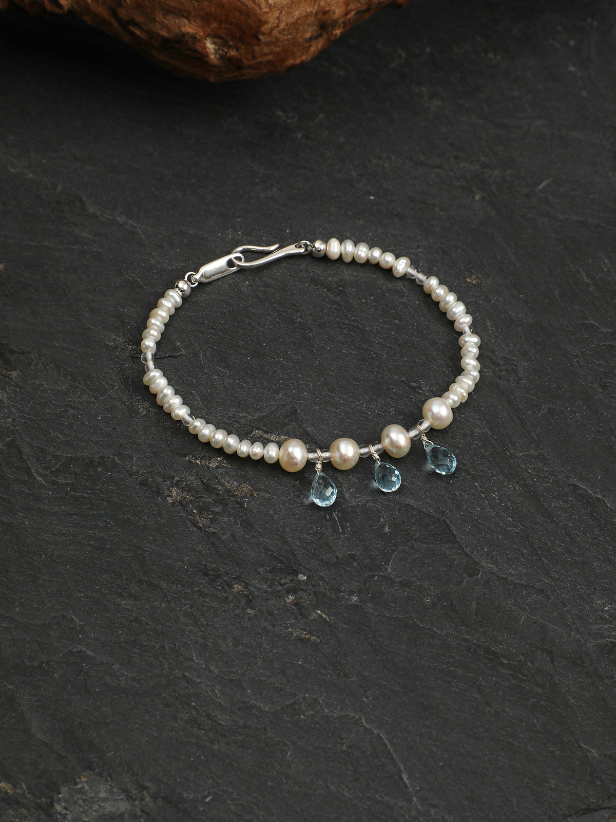 Aquamarine Pearl Necklace — flat pearl, small egg pearl, clear quartz round bead | SENLORE