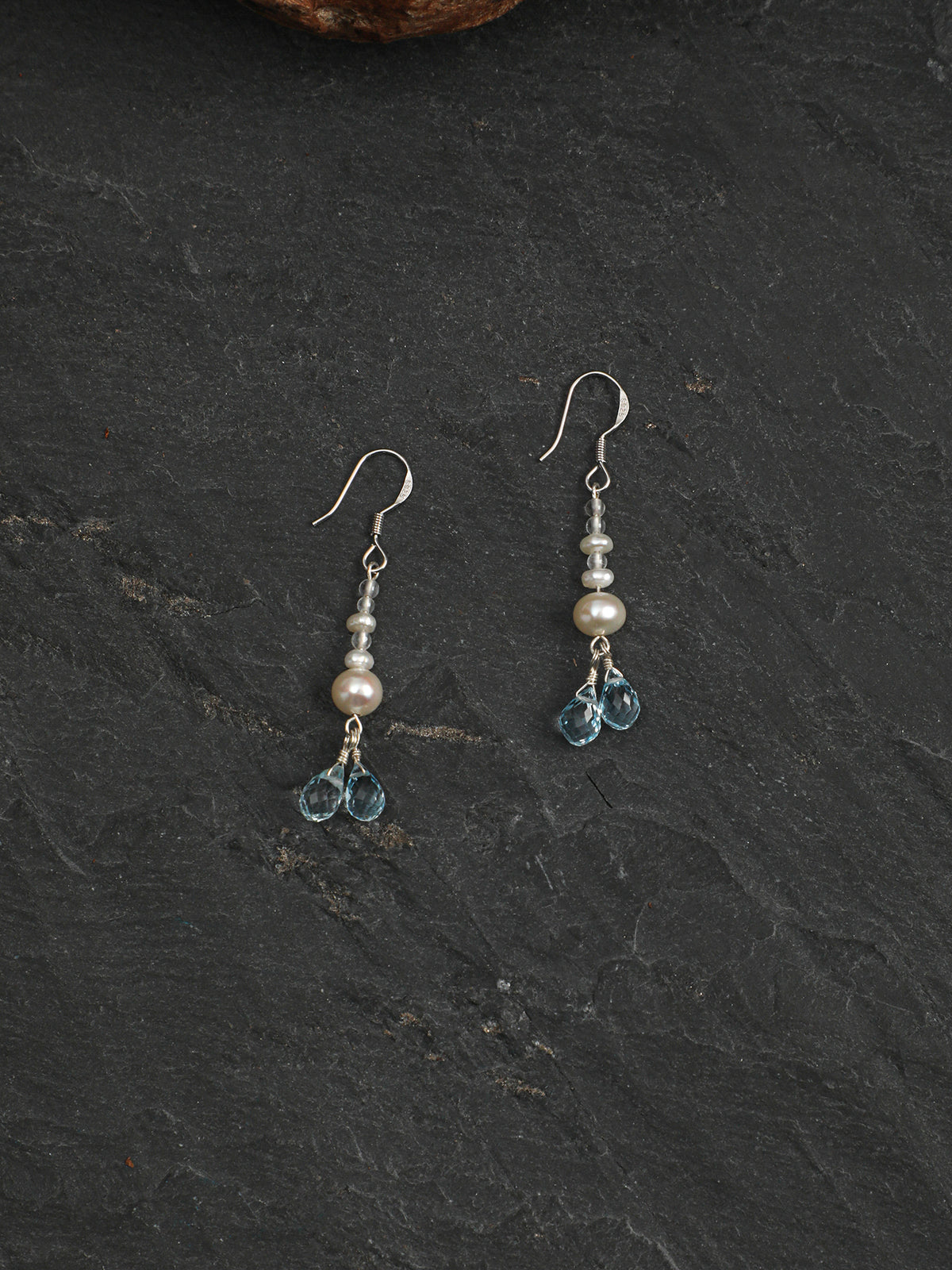 Aquamarine Crystal Pearl Earrings — flat pearl, small egg pearl, clear quartz round bead | SENLORE