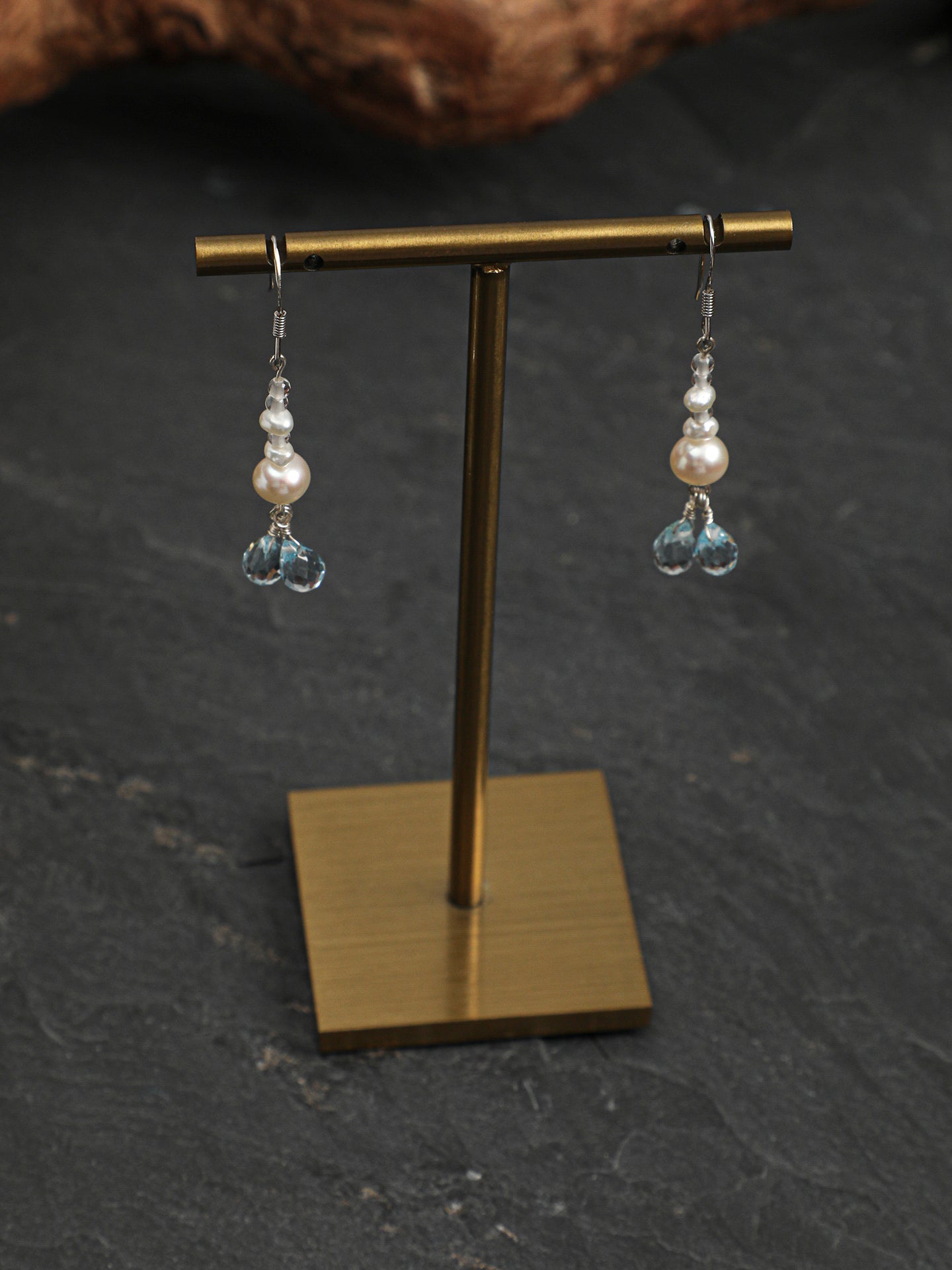 Aquamarine Crystal Pearl Earrings — flat pearl, small egg pearl, clear quartz round bead | SENLORE