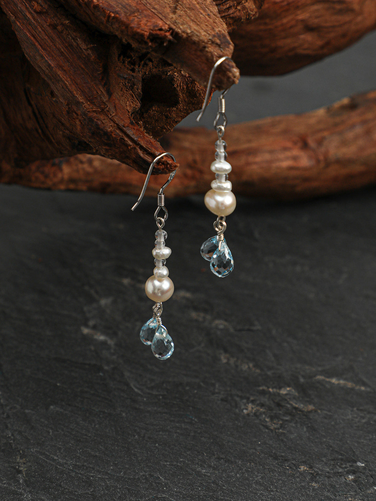 Aquamarine Crystal Pearl Earrings — flat pearl, small egg pearl, clear quartz round bead | SENLORE