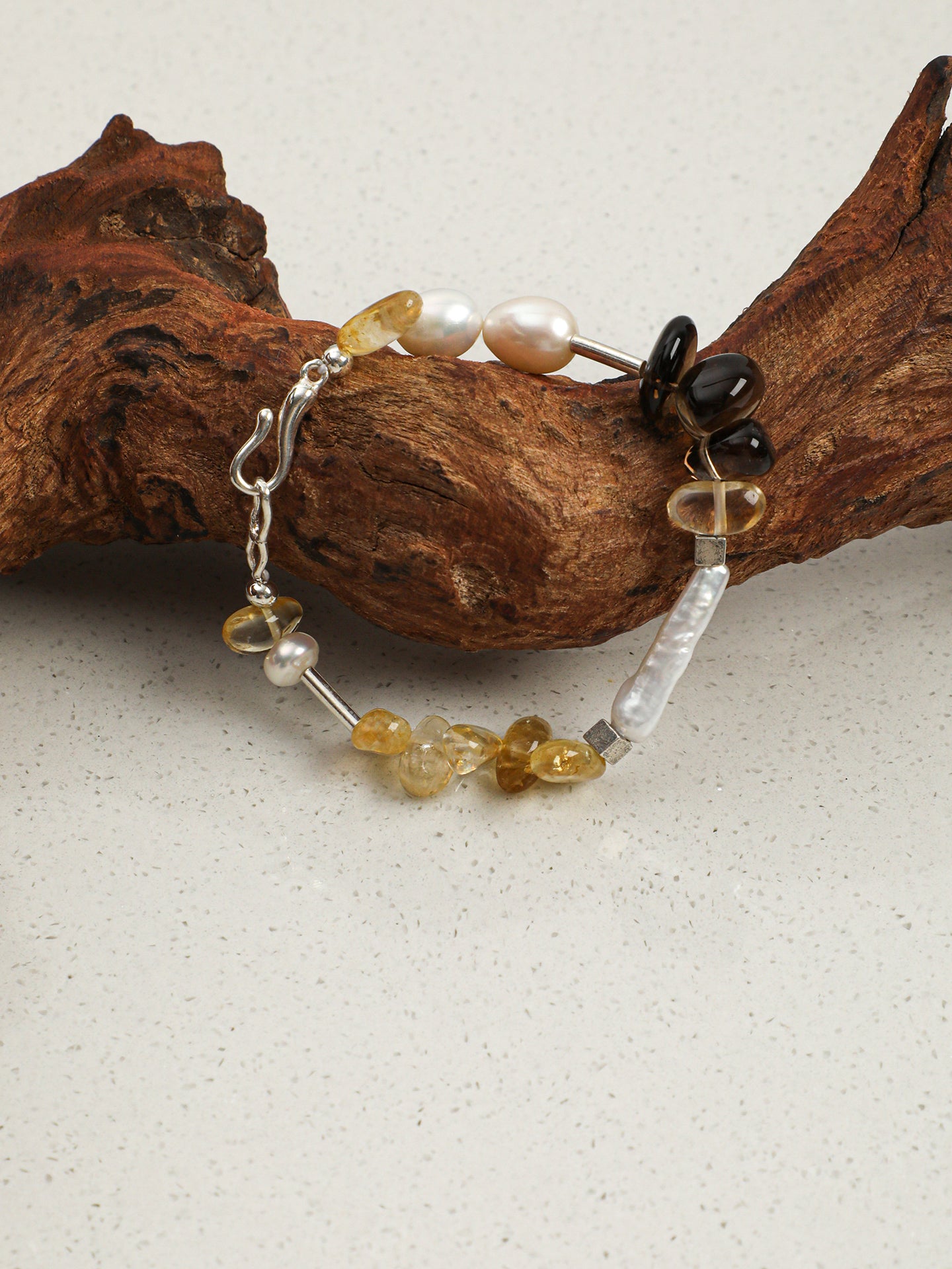 Crushed Ice Citrine Bracelet — citrine chips, flat bead, white rice pearls | SENLORE