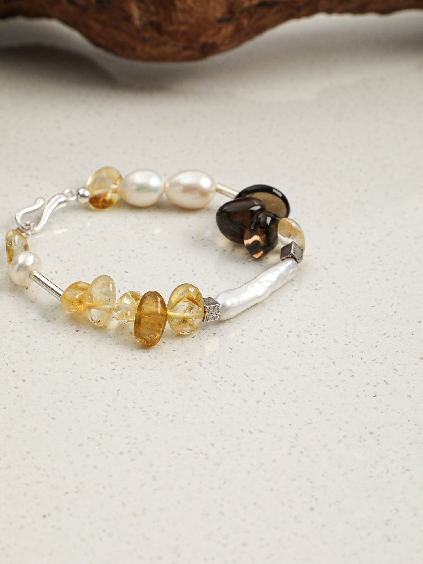 Crushed Ice Citrine Bracelet — citrine chips, flat bead, white rice pearls | SENLORE