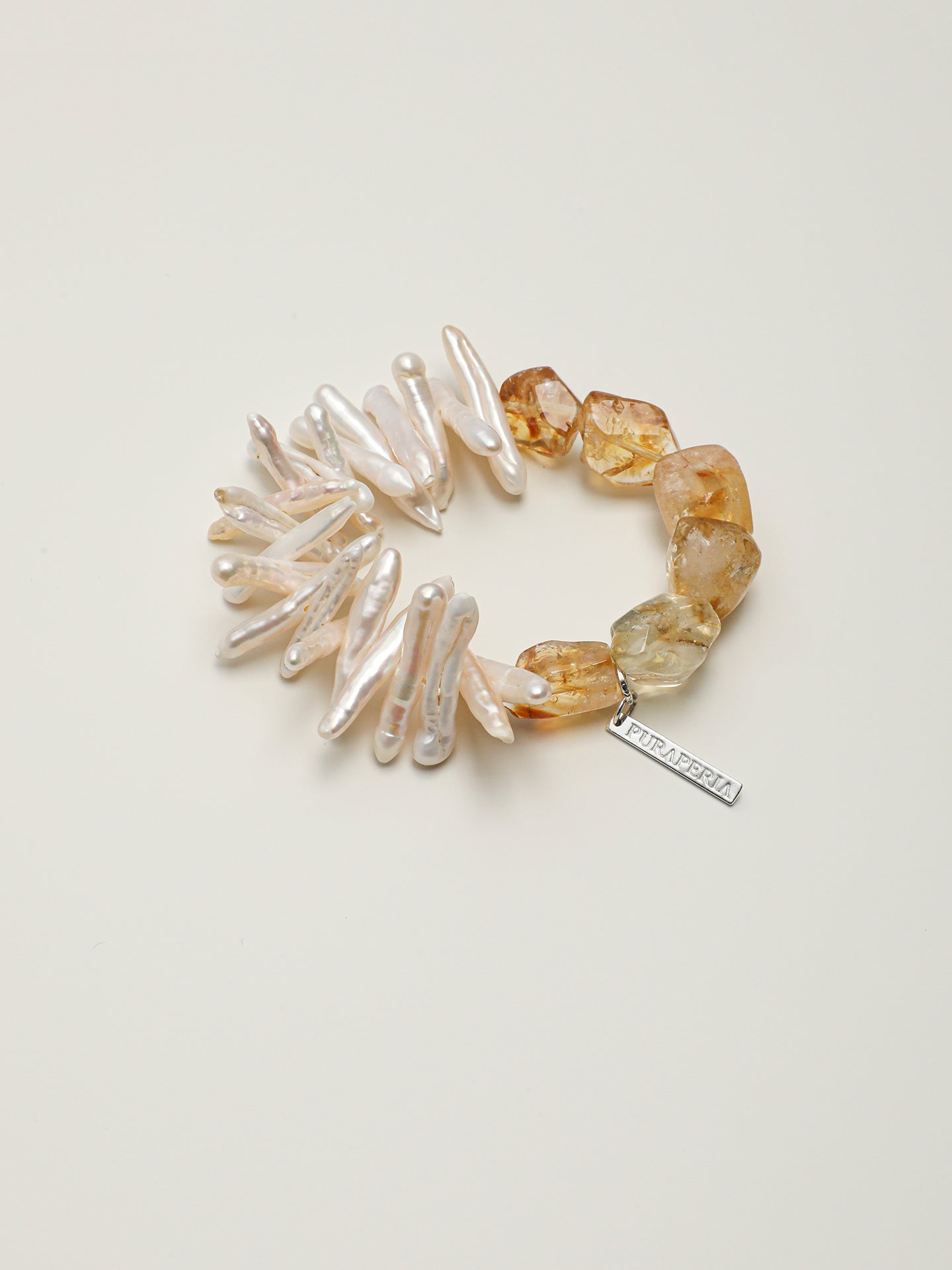 Brazilian Citrine Baroque Bracelet — freeform citrine, center-drilled toothpick baroque pearl, sterling silver logo charm | SENLORE
