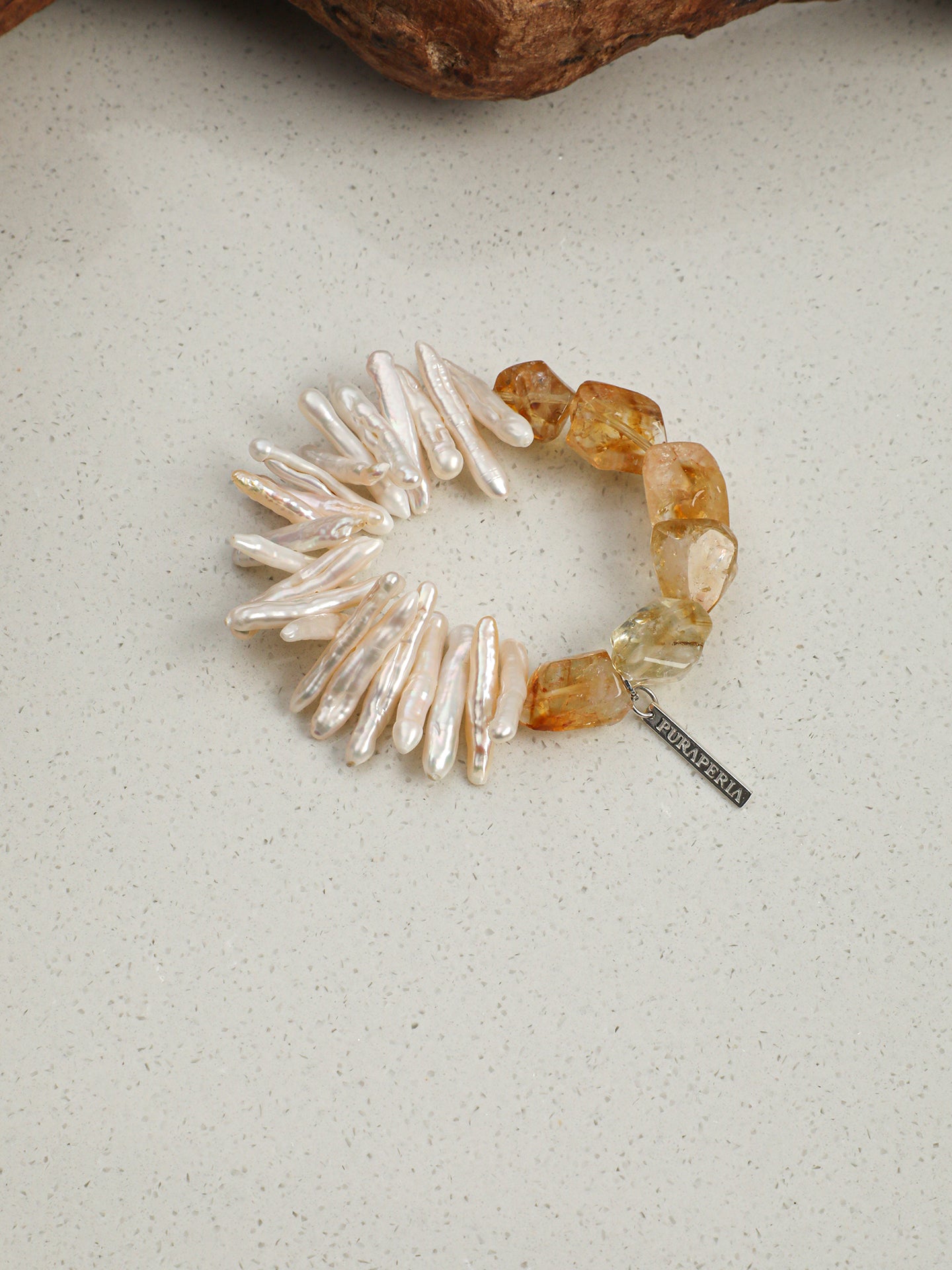 Brazilian Citrine Baroque Bracelet — freeform citrine, center-drilled toothpick baroque pearl, sterling silver logo charm | SENLORE