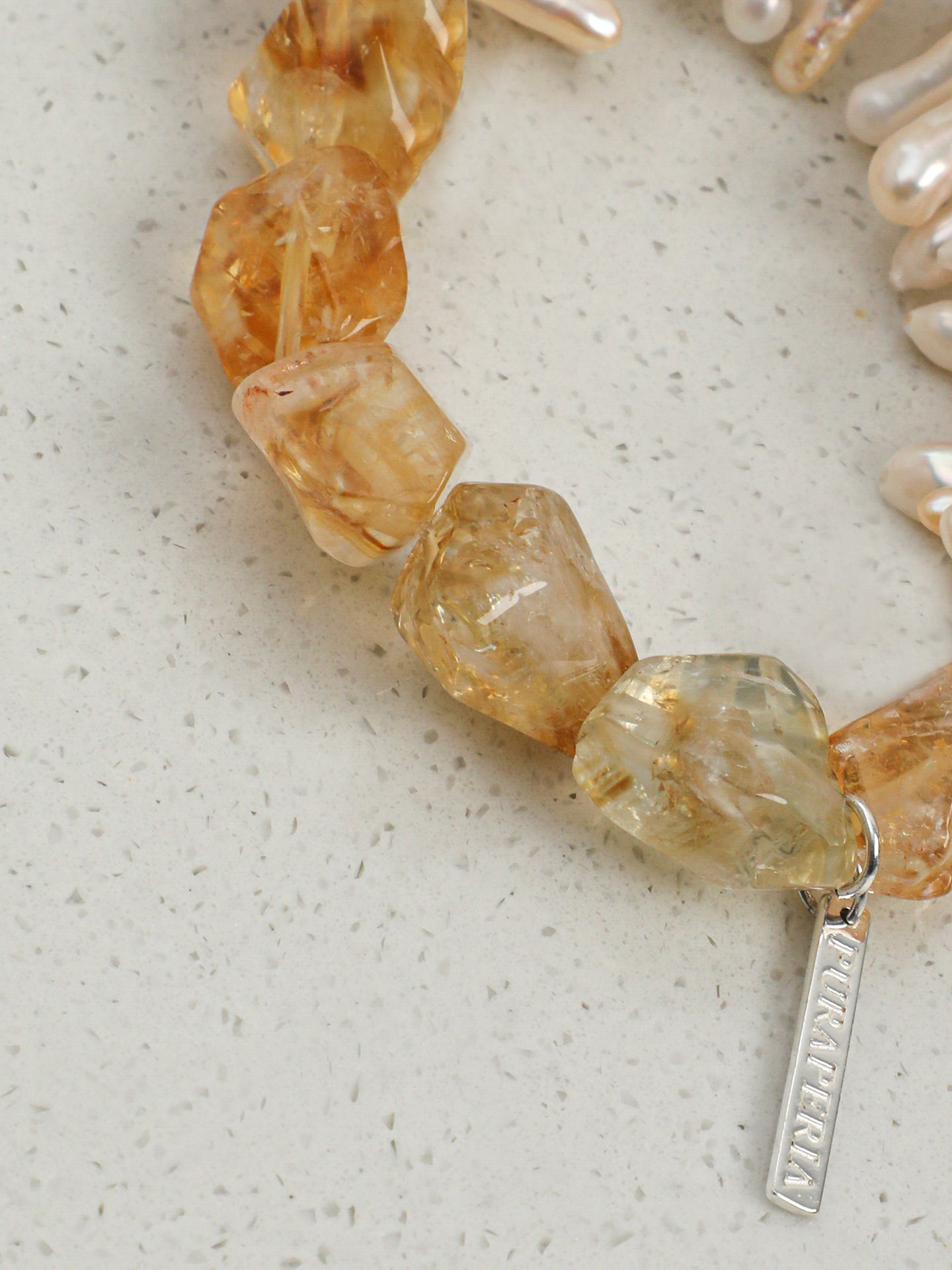 Brazilian Citrine Baroque Bracelet — freeform citrine, center-drilled toothpick baroque pearl, sterling silver logo charm | SENLORE