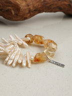 Brazilian Citrine Baroque Bracelet — freeform citrine, center-drilled toothpick baroque pearl, sterling silver logo charm | SENLORE