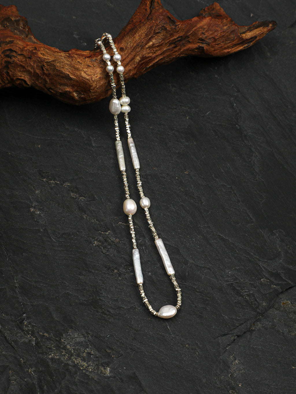 Crushed Silver Baroque Pearl Necklace — tiny seed pearl & double-sided polished baroque pearl & S925 Sterling Silver | SENLORE