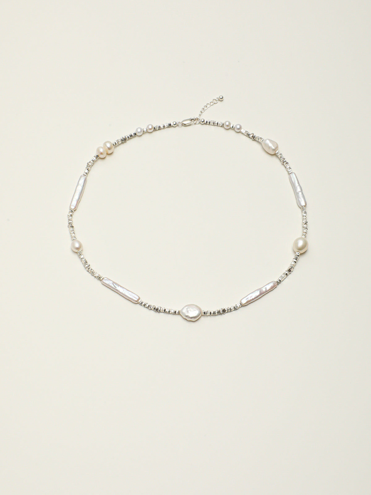 Crushed Silver Baroque Pearl Necklace — tiny seed pearl & double-sided polished baroque pearl & S925 Sterling Silver | SENLORE