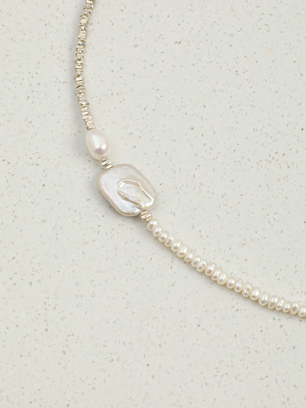 Silver Nugget Baroque Pearl Necklace — small square sterling silver nugget, triangle sterling silver nugget spacer, silver lobster clasp | SENLORE