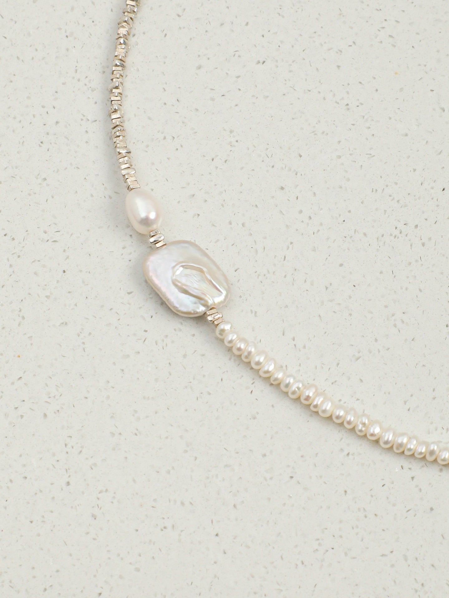 Silver Nugget Baroque Pearl Necklace — small square sterling silver nugget, triangle sterling silver nugget spacer, silver lobster clasp | SENLORE