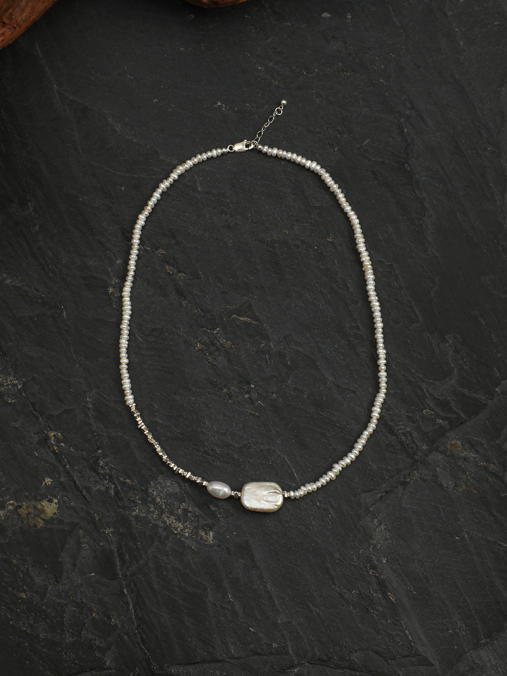 Silver Nugget Baroque Pearl Necklace — small square sterling silver nugget, triangle sterling silver nugget spacer, silver lobster clasp | SENLORE