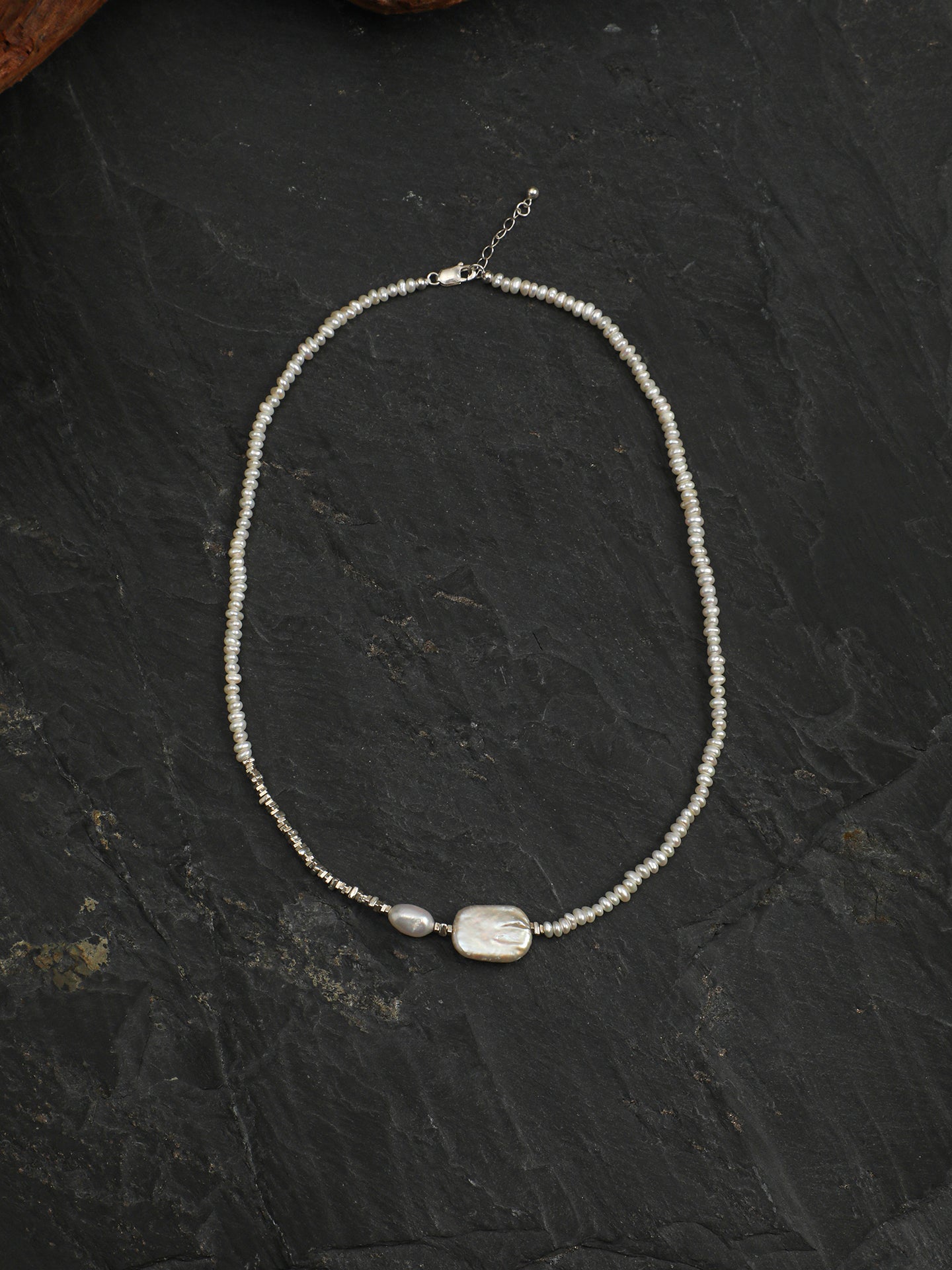Silver Nugget Baroque Pearl Necklace — small square sterling silver nugget, triangle sterling silver nugget spacer, silver lobster clasp | SENLORE