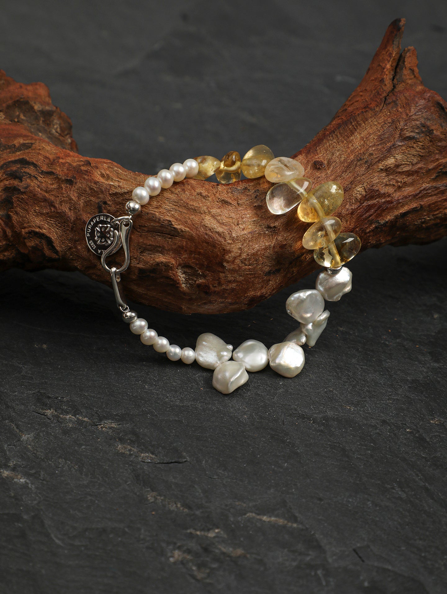 Petal Crystal Baroque Bracelet — seed pearls, petal bead, center-drilled long-tusk citrine | SENLORE