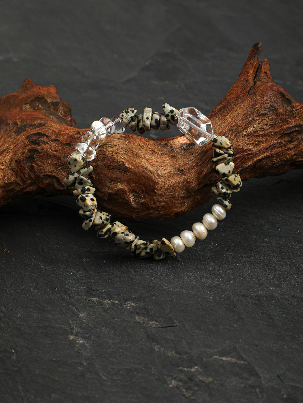 Freeform Speckled Crystal Bracelet — freeform double-point clear quartz, small clear quartz chips, flat twisted bead | SENLORE