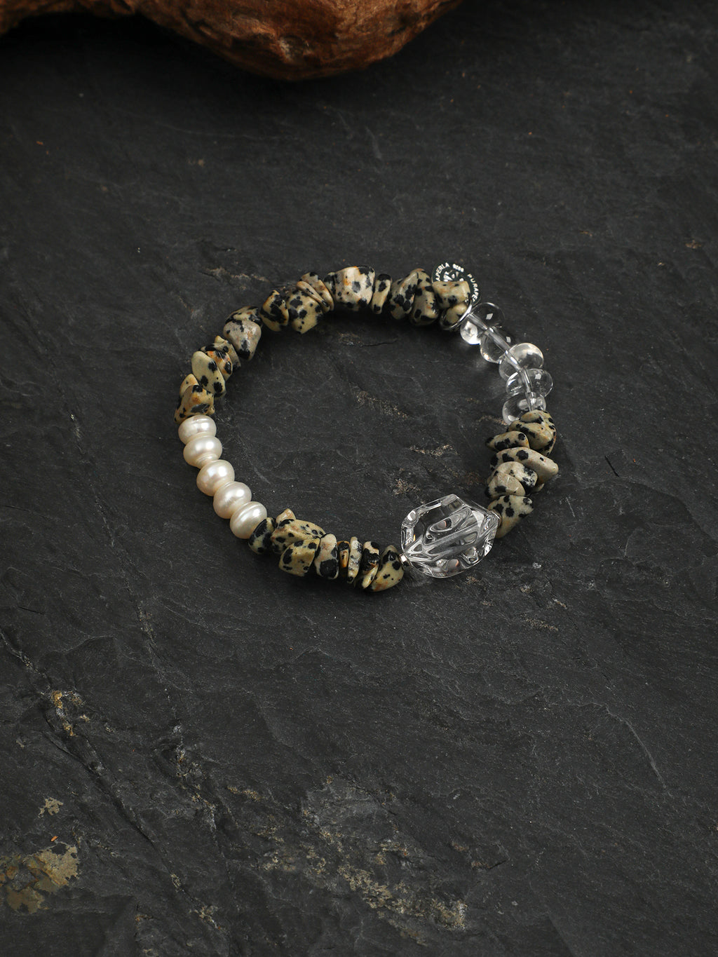 Freeform Speckled Crystal Bracelet — freeform double-point clear quartz, small clear quartz chips, flat twisted bead | SENLORE
