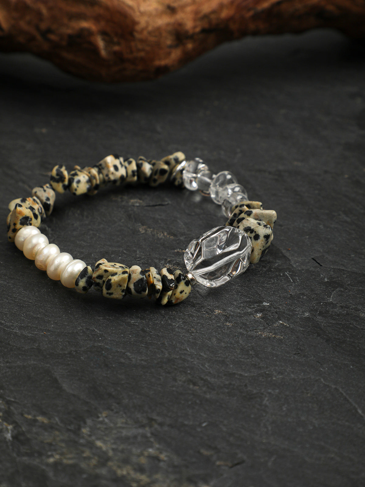 Freeform Speckled Crystal Bracelet — freeform double-point clear quartz, small clear quartz chips, flat twisted bead | SENLORE