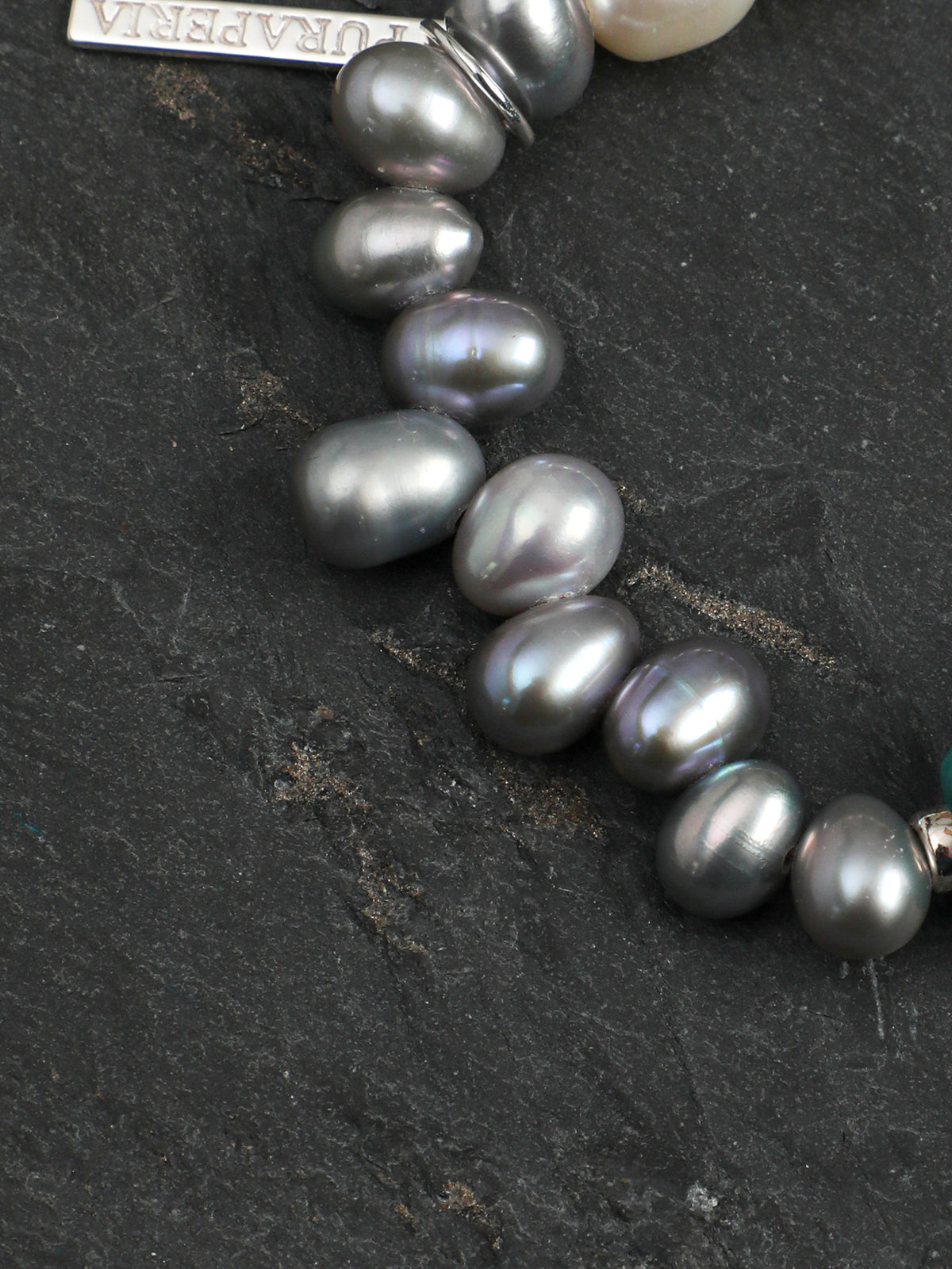 Amazonite Grey Pearl Bracelet — white rice pearls, grey rice pearls, freeform amazonite | SENLORE