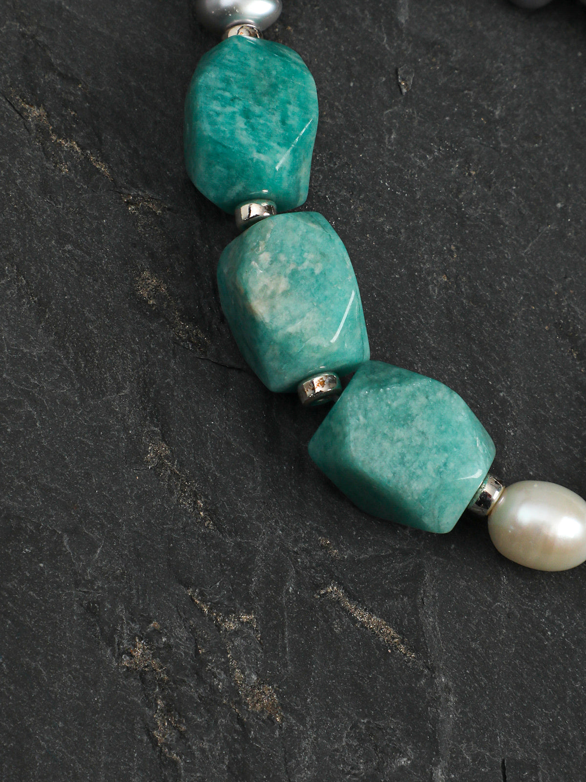 Amazonite Grey Pearl Bracelet — white rice pearls, grey rice pearls, freeform amazonite | SENLORE