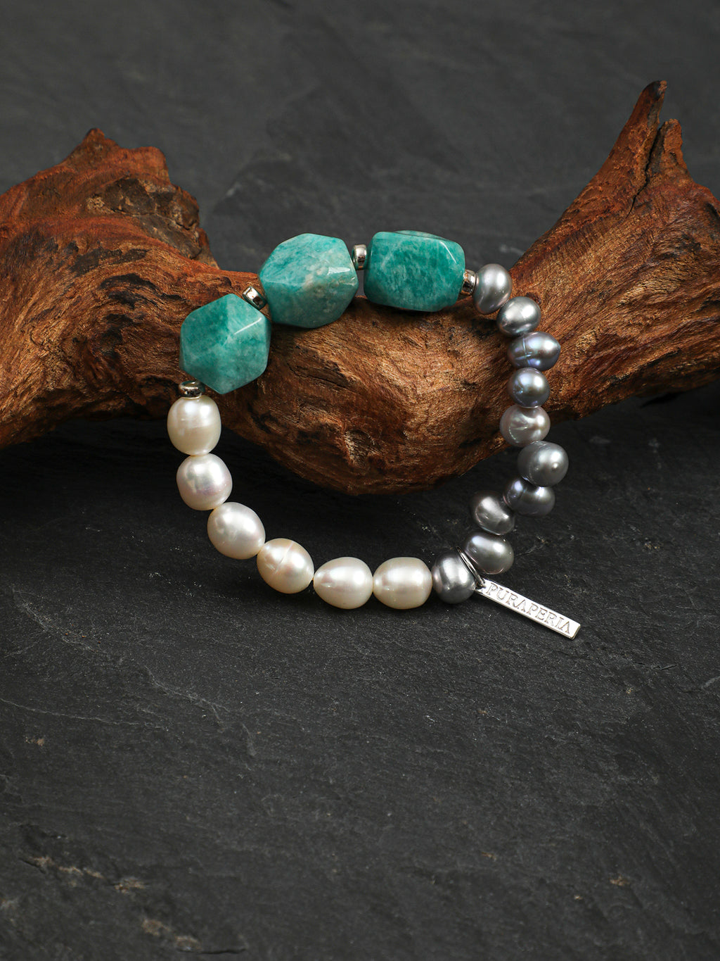 Amazonite Grey Pearl Bracelet — white rice pearls, grey rice pearls, freeform amazonite | SENLORE