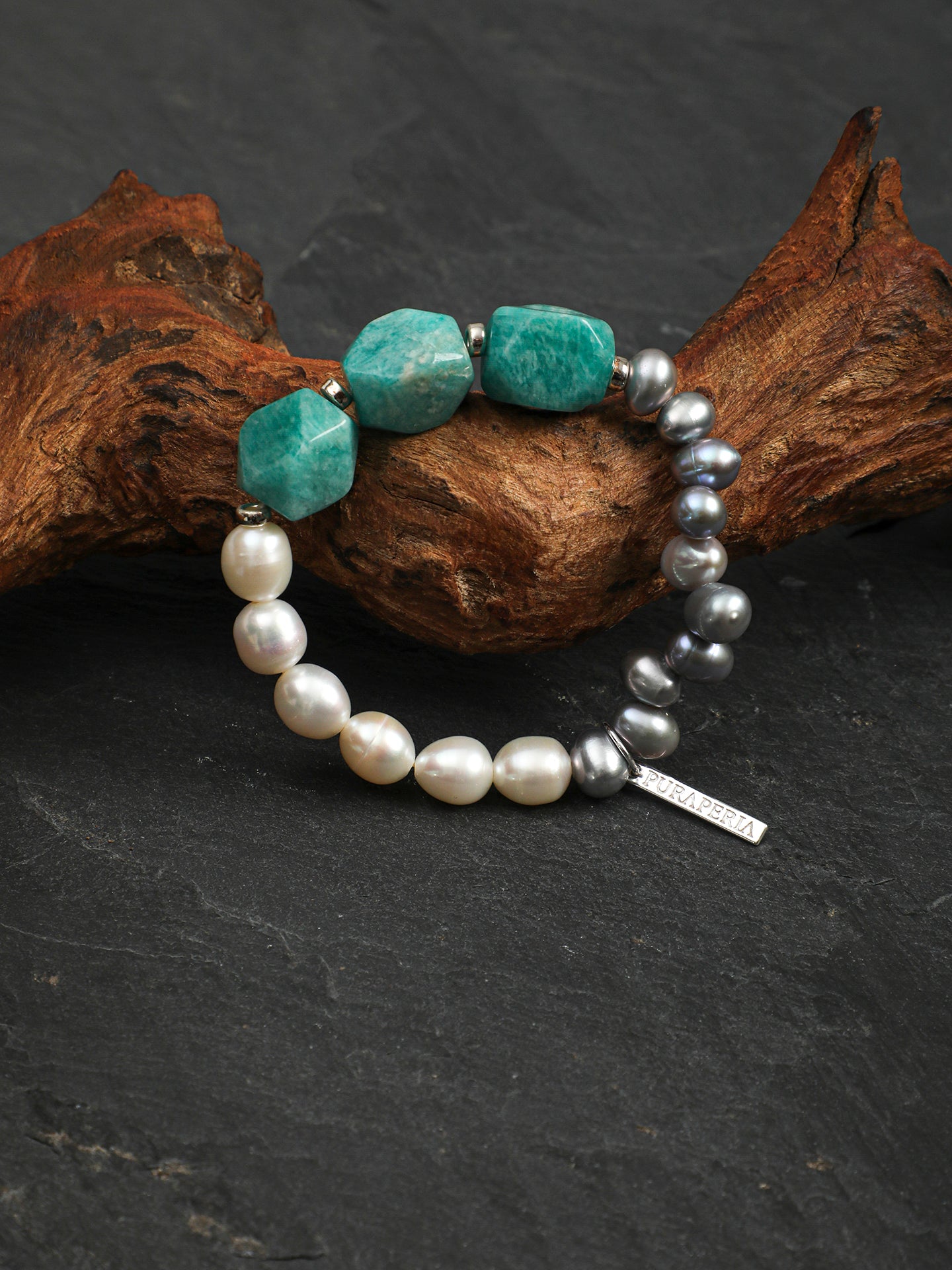 Amazonite Grey Pearl Bracelet — white rice pearls, grey rice pearls, freeform amazonite | SENLORE