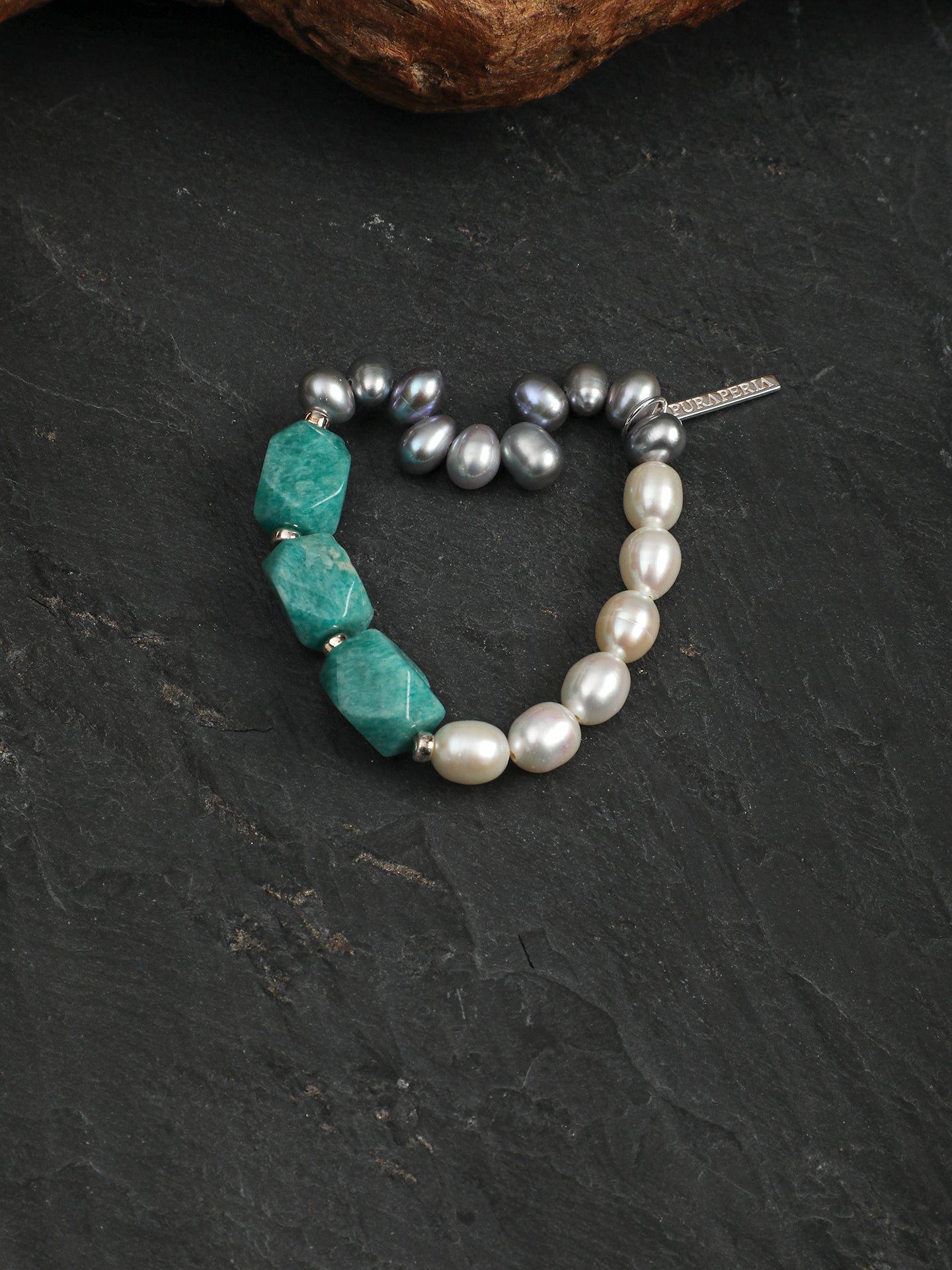 Amazonite Grey Pearl Bracelet — white rice pearls, grey rice pearls, freeform amazonite | SENLORE
