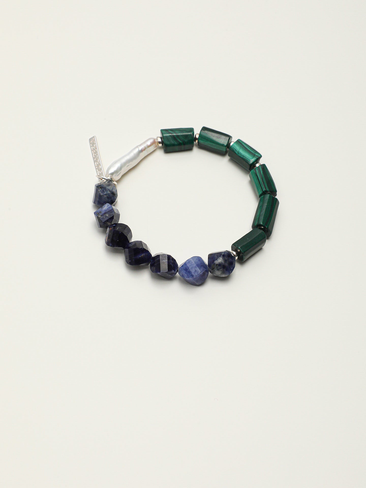 Blue-Green Rough Stone Bracelet — blue-vein stone knot bead, column-cut raw malachite, sterling silver bubble spacer | SENLORE
