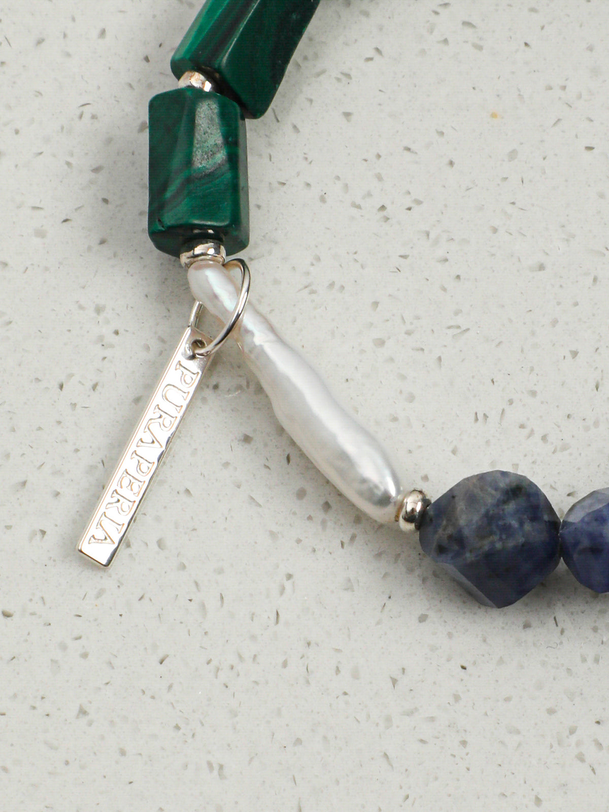 Blue-Green Rough Stone Bracelet — blue-vein stone knot bead, column-cut raw malachite, sterling silver bubble spacer | SENLORE