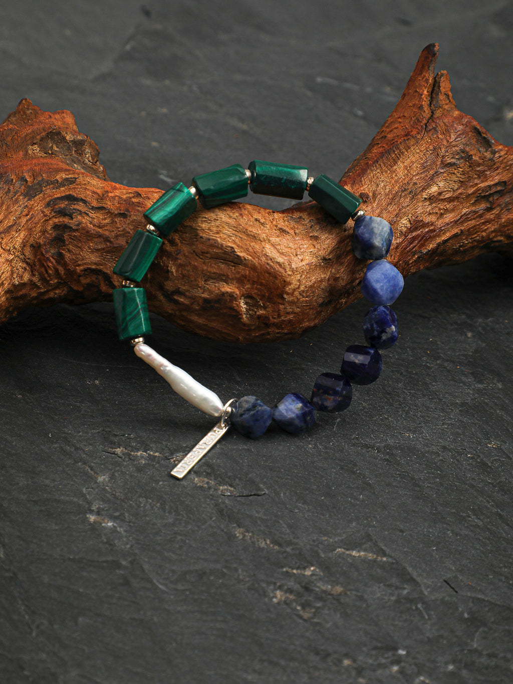 Blue-Green Rough Stone Bracelet — blue-vein stone knot bead, column-cut raw malachite, sterling silver bubble spacer | SENLORE
