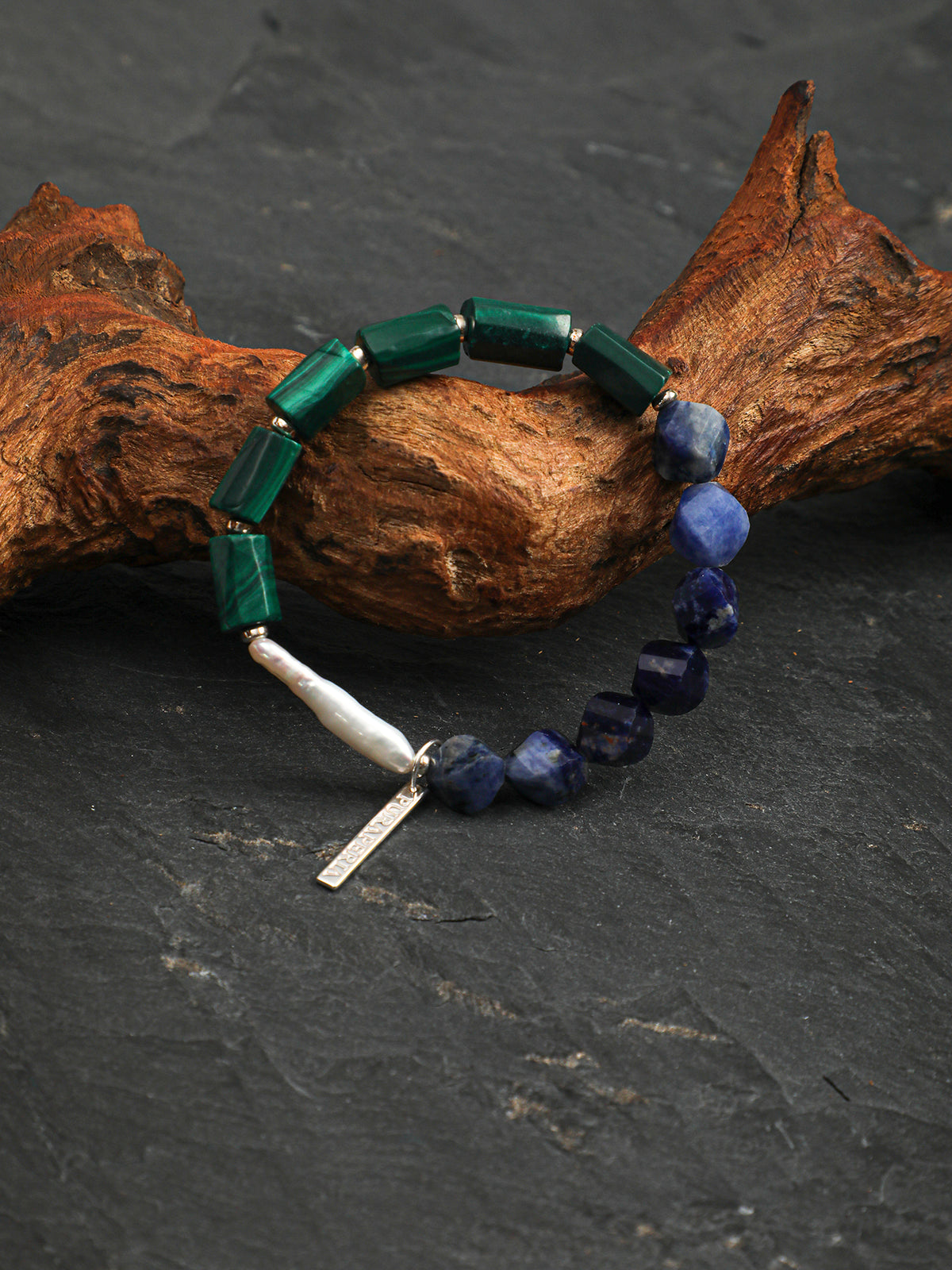 Blue-Green Rough Stone Bracelet — blue-vein stone knot bead, column-cut raw malachite, sterling silver bubble spacer | SENLORE