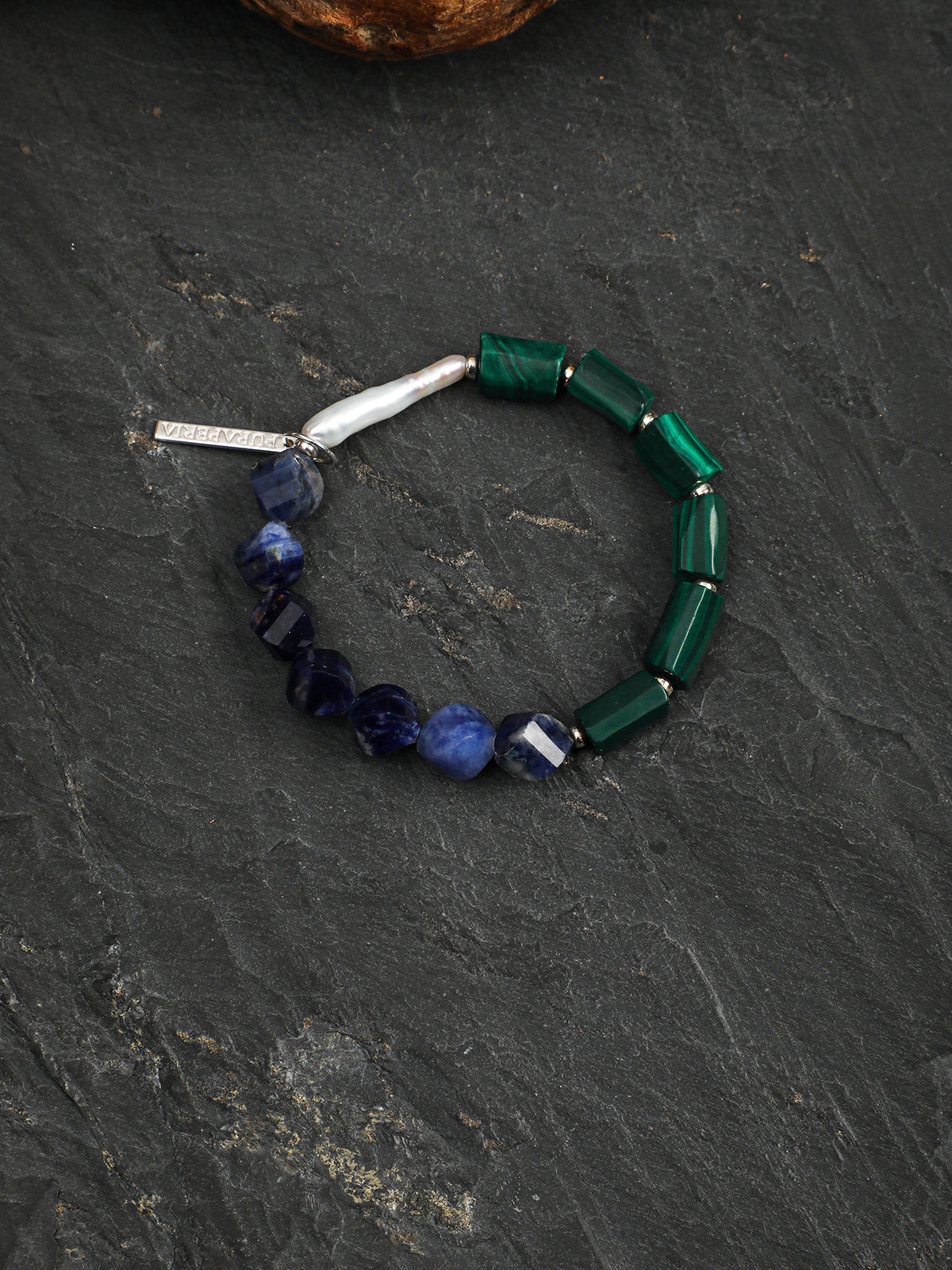 Blue-Green Rough Stone Bracelet — blue-vein stone knot bead, column-cut raw malachite, sterling silver bubble spacer | SENLORE