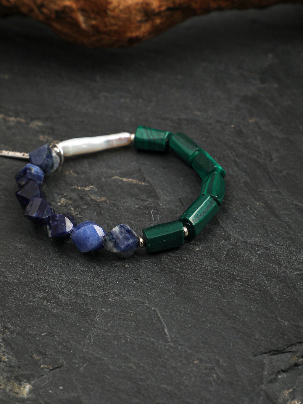 Blue-Green Rough Stone Bracelet — blue-vein stone knot bead, column-cut raw malachite, sterling silver bubble spacer | SENLORE