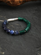 Blue-Green Rough Stone Bracelet — blue-vein stone knot bead, column-cut raw malachite, sterling silver bubble spacer | SENLORE