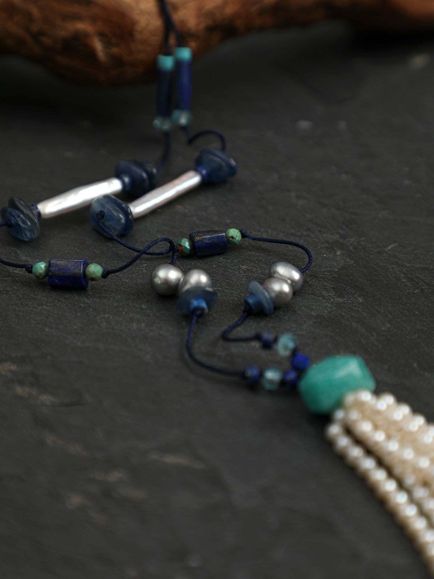 SENLORE Lapis Lazuli Tassel Pearl Necklace – Detail Close-up